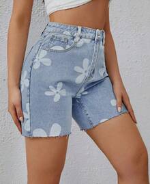 Kissmelady 8414 Button Pocket Raw Hem Zipper Floral Short Jeans 8414 - Rửa trung bình - Xem 4