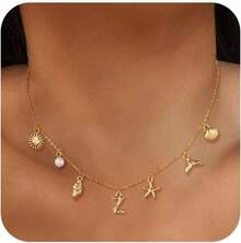 CAROVO Gold Initial Charm Necklace Women Letter A-Z Necklace 14K Gold Plated Charm Pendant Necklace Boho Summer Seashell Beach Starfish Surfer Jewelry - z - 查看 1
