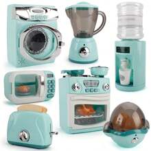 Children Kitchen Play Set Toy, Simulation Small Home Appliances Toys (Washing Machine, Water Dispenser, Bread Maker, Egg Steamer, Juicer, Oven, Microwave, Coffee Machine)