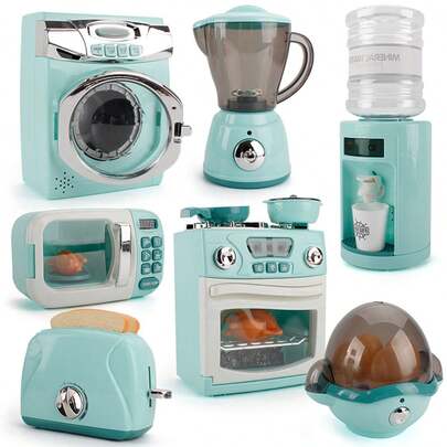 Children Kitchen Play Set Toy, Simulation Small Home Appliances Toys (Washing Machine, Water Dispenser, Bread Maker, Egg Steamer, Juicer, Oven, Microwave, Coffee Machine)