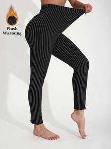 Women's Thermal Lined Black Leggings, European And American Fashion Casual Minimalist Line Pattern All-Over Print, Elegant Stretchy Skinny Pants For Home, Workout, Yoga, Gym, Running, Outdoor Walking, Party, Gift