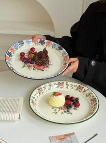 1 Stück Blumen-Emaille-Teller, französischer vintage Blumen-Frisch-Blau Dessert-Teller, Retro-Teller für Pasta, Frühstück, Obst, Suppenlöffel, geeignet für Restaurant, Wohnzimmer, Küche, Geschirr