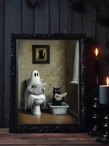 1张浴室里的鬼魂和黑猫海报，搞笑厕所幽默印刷品，怪诞可爱的墙面艺术，夏季万圣节鬼魂烧烤海报，可爱的鬼魂和黑猫一起烧烤，鬼魂和黑猫“不给糖就捣蛋”海报，异想天开的万圣节墙面艺术，鬼魂和猫咪墙面艺术，秋季万圣节，卧室装饰，客厅装饰，办公室装饰， - 彩色 - 查看 21