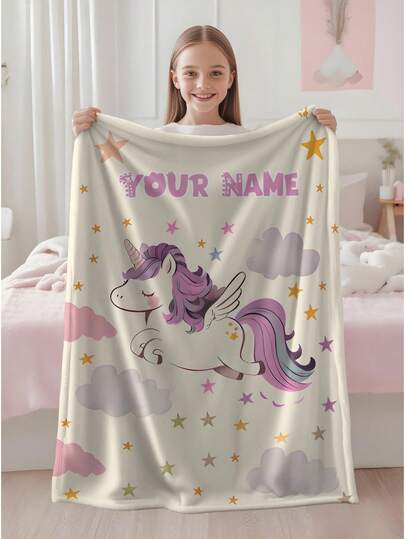 1pc Customized Blanket, Text Blanket, DIY Blanket, Patterned Blanket, Unicorn Design, Memorial Blanket. Tapestry, Photo Portrait Blanket Design, Suitable For Girls, Boys, Adults, Valentine's Day, Lightweight, Baby Blanket, Personalized Blanket, Personalized Photo Blanket, Personalized Throw Blanket, Personalized Baby Blanket, Newborn Blanket