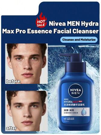  Nivea Men Hydra Max Pro Essence Facial Cleanser, Deep Cleansing,Water Lock-In, Pore Cleansing, Men's Facial Care, Dirt Removal, 2X Hyaluronic Acid Sodium + Deep Sea Algae ,Enhance Elasticity, Deep Nourishment, Purifying And Moisturizing, Refreshing Skin, German Hydrating Technology, Daily Cleansing,Suitable For All Skin Type.