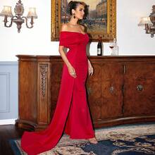 Europäisches und amerikanisches elegantes rotes Satin Off-Shoulder Socialite Kurzarm langes hochwertiges trägerloses Abendkleid