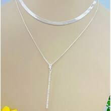 Colar Feminino Corrente Dupla Laminado Fileira Com Zircônias Luxo Folheado Ajustavel - Prata Palito - Visão 2