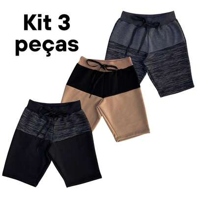 Kit 3 Bermuda Bicolor Shorts Infantil Masculina Moletom Moletinho Menino criança 02 a 12 anos
