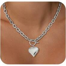 Heart Necklace Women, Chunky Gold Necklace 14k Gold/Silver Plated Pendant Charm Toggle Clasp Gold Necklace Statement Thick Chain Link Necklace Gold Jewelry Women - 2,5mm + 18 inch_bạc - Xem 2