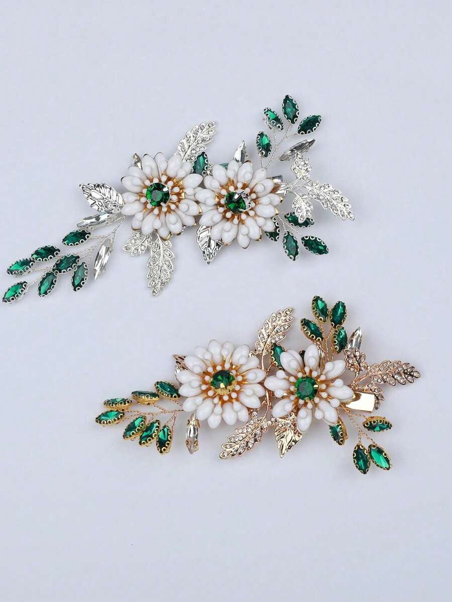 1 pieza Pinza para el cabello nupcial hecha a mano de aleación de oro y perla con flor, accesorio para el cabello de fiesta de boda - Verde - Ver 1