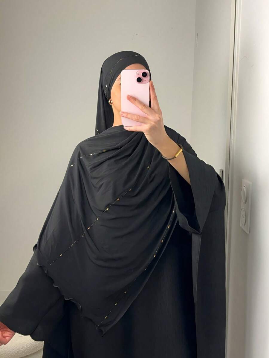1 Stück Damen Jersey Kopftuch mit Strass, arabischer Stil langer Schal, konservativ einfarbige Kopfbedeckung, geeignet für täglichen Gebrauch zu Kleidung - Schwarz - Übersicht 1