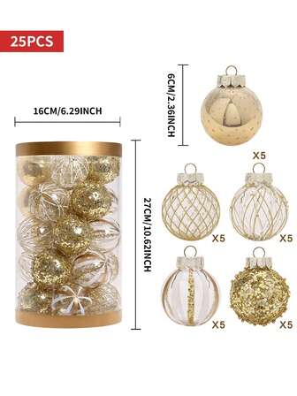 25 piezas, Juego de bolas de Navidad pintadas de PET de 6 cm, adorno colgante para árbol de Navidad, adecuado para decoración del hogar, decoración colgante para fiestas, decoración de habitaciones, decoración de patios, decoraciones navideñas, decoraciones para el Día de San Valentín y bodas, decoraciones navideñas de invierno, regalos de Navidad, decoración navideña