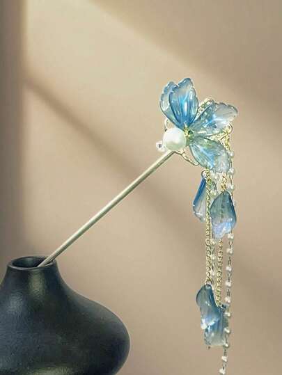 复古风蓝色花朵发夹，尽显高端质感；新款中式仿珍珠流苏摇曳发饰，女士发饰，发夹，头饰，发卡，发髻延长器，发髻制作器，发髻发片，发型设计发夹，发卡，发夹