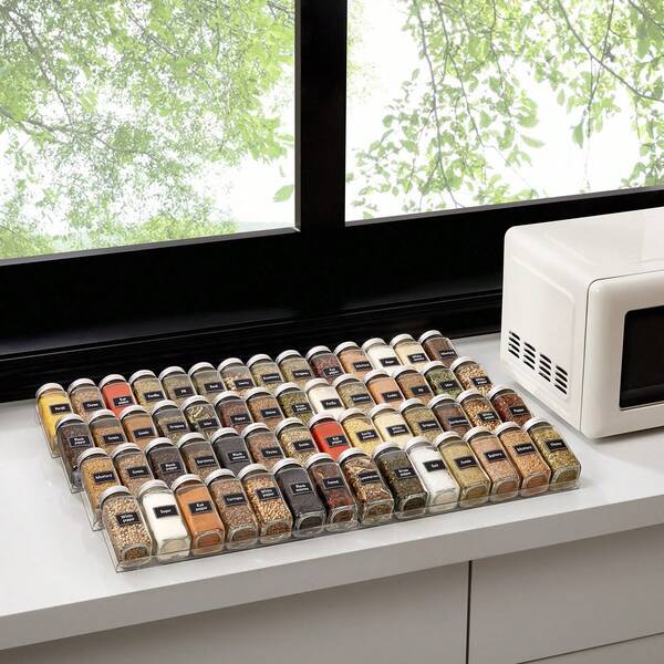 4 Etagen Gewürzregal Schubladen für biz zu 56 Gewürzflaschen, Gewürz Organizer für Schublade mit Breite 33 bis 66 cm, Kombinierbarer Gewürz Schubladeneinsatz, Gewürzeinsatz Schublade