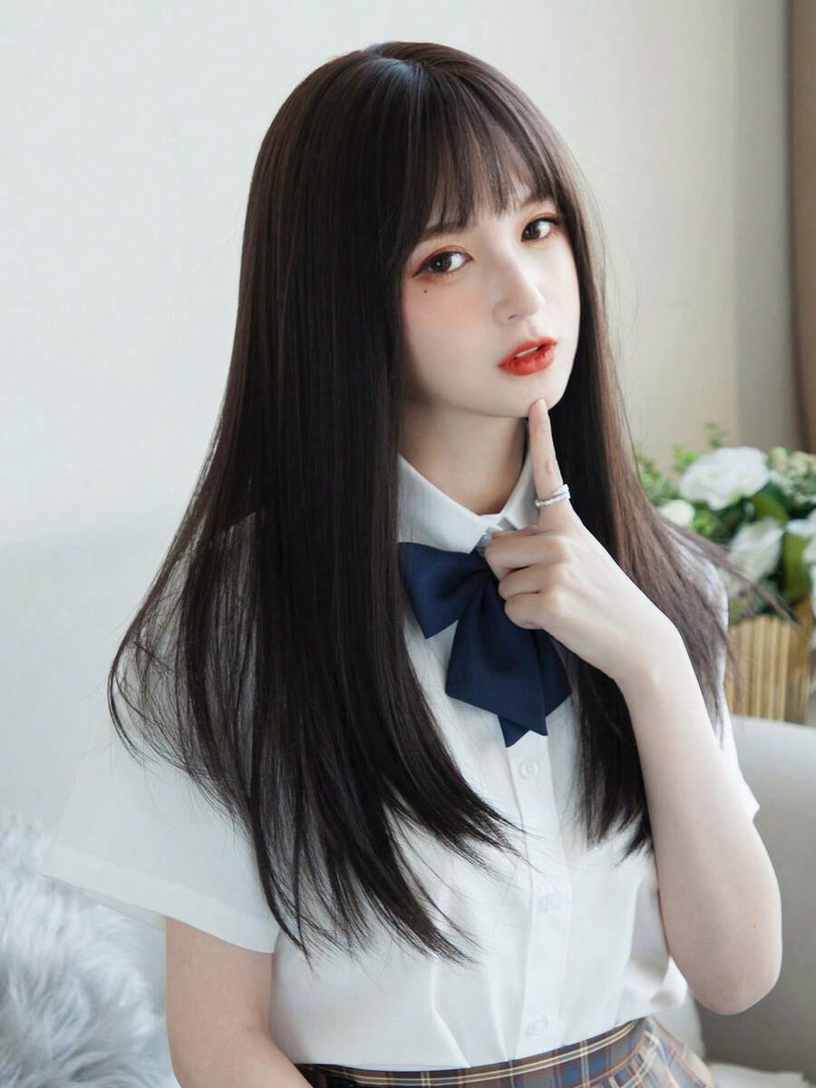 24 Inch Gold Straight Wig With Bangs, Suitable For Women's Daily Wear, Heat Resistant Synthetic Wig