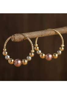 1 Pair Bohemian Style Metal Beaded Hoop Earrings, Suitable For Women's Daily, Party, Travel Jewelry Gift