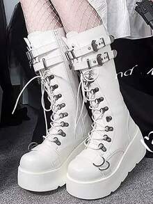 Goth Platform Boots For Women Punk Mid Calf Boots Lace Up Wedge Combat Boots Punk Chunky Heel Buckle Chain Knee High Boots With Side Zipper - trắng - Xem 3