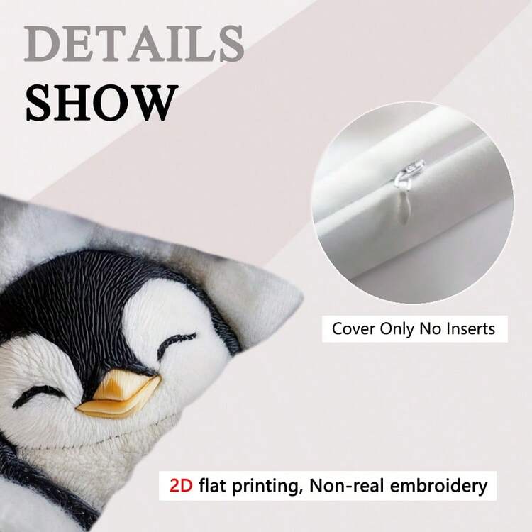 TOPSSCTR 1pc/2pcs/4pcs, 2D Flat Printing Cute Sleeping Penguin Pattern Throw Pillow Covers - 45 X 45 Cm, Single-Sided Printing, Not Real Embroidery, Cozy Polyester Woven Fabric Cushion Cases With Zipper Closure, Suitable For Sofas, Beds, Cars And Living Rooms, No Embroidery, Comfortable Home Decor, Sofa Pillow Without Pillow Cores - Black and White - View 4