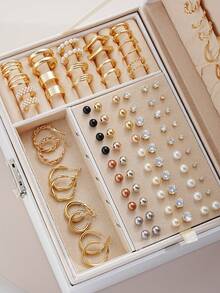108pcs Simple Faux Pearl & Rhinestone Metal Geometric Stud Earrings & Hoop Earrings Set, Gift For Women, Suitable For Vacation, Date, Daily Casual, Wedding Matching - Vàng - Xem 4