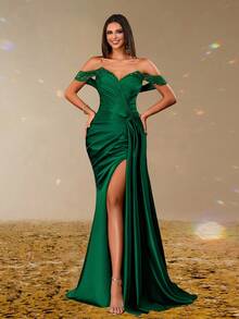 翠绿色缎面露肩晚礼服，性感开衩女士礼服，闪光吊带垂坠紧身舞会礼服，优雅长裙，适合派对、庆典、婚礼宾客 - 綠色 - 查看 4