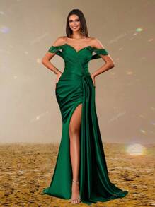 Emerald Green Satin Off Shoulder Evening Dress, Sexy Slit Formal Gown For Women, Glitter Strap Draped Bodycon Prom Dress, Elegant Long Dress For Party, Gala, Wedding Guest