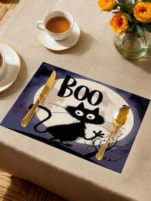 1 buc/4 buc/6 buc/48 buc Covorașe cu model de pisici de Halloween, Covorașe sezoniere de Halloween, Material asemănător inului în stil modern, Decor de casă de Halloween, Articole pentru petreceri de interior și exterior, Decorațiune cu tematică de Halloween, Decor de cameră. Potrivit pentru decorarea casei și a bucătăriei și decorarea petrecerii de Halloween.