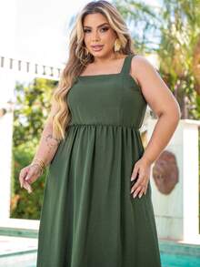Plus Size Iris Long Strap Dress With Square Neckline Elegant Casual Vacation Wedding - 綠色 - 查看 2
