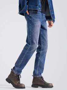 CAMEL CROWN Men's Straight Jeans Autumn And Winter Slim Stretch Casual Wide-Leg Trousers - Blue - View 3