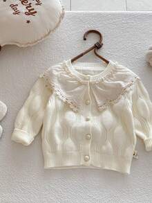 Autumn Baby Girl Embroidered Floral Trim Cardigan - Apricot - View 6