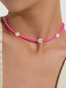 1 chiếc vòng cổ hoa cúc dệt hạt cườm dành cho nữ, vòng cổ choker phong cách Bohemian - Màu Hồng Tươi - Xem 3