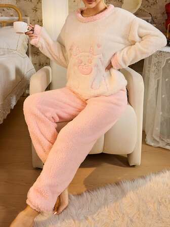 2pcs Women Flannel Long Sleeve Top & Pants Fluffy Pajama Set, Pink Dinosaur Print, Warm & Cozy, Ideal Gift For Winter, Fall Clothes