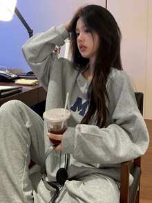 Women's Casual Letter Print Long Sleeve Sweatshirt, Spring/Autumn - Grey - View 6