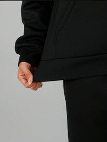 女士连帽长袖简约抓绒休闲上衣，适合日常穿着，冬季款 - 黑色 - 查看 6