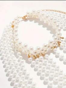 1件优雅性感女士时尚T台多层白色仿珍珠流苏项链，肩链，身体链，服装配饰 - 白色 - 查看 5