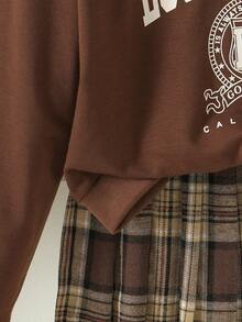 2pcs/Set Tween Girls Sweatshirt & Plaid Skirt Suit, Casual Letter Print Crew Neck Long Sleeve Hoodie And Versatile Brown Plaid Mini Skirt, Autumn - Brown - View 4