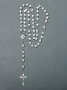 1pc Minimalist Fashion Faux Pearl Cross Rosary Long Handmade Necklace, Unisex Tassel Sweater Chain - White - View 2