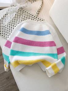 Girls' Colorful Striped Knit Pullover Sweater, Casual Everyday Wear, Suitable For Spring, Autumn, Winter - White - View 3