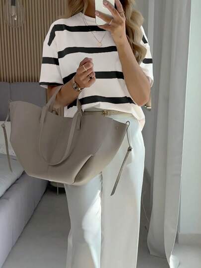 Korean Style Casual Loose Striped Short Sleeve Top, Suitable For Summer And Early Spring