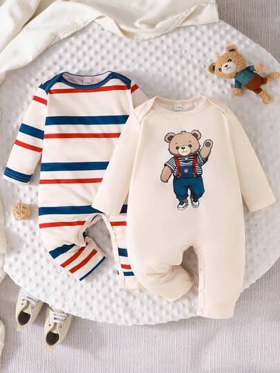 2pcs/Set Baby Boys Casual Comfortable Autumn New Striped Blue & Red + Bear Graphic Long Sleeve Jumpsuit 2-Piece Outfit