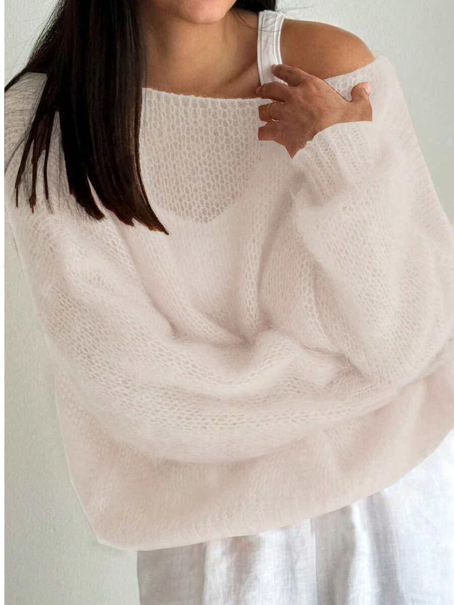 女士优雅纯色船领毛衣，休闲宽松长袖毛衣，春季款 - 杏色 - 查看 1