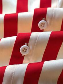 男士休闲单排扣条纹衬衫，圣诞节，长袖上衣 - 紅色 - 查看 6