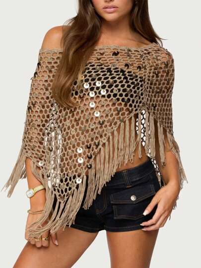 Women Christmas Costume Fringe Sequin Crochet Poncho Women Hollow Poncho Top Lightweight Knit Mesh Batwing Sleeve Cover Ups