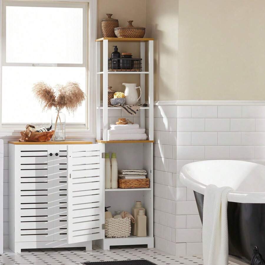 SoBuy BZR43-W Bathroom Tall Cabinet Bathroom Cabinet Bathroom Shelf Bathroom Cabinet With 3 Open Compartments And Louvre Door Bathroom Furniture White-Natural W X H X D Approx: 40 X 160 X 30 Cm Home Bathroom Decor Bathroom Organizer Summer Bathroom Accessories - White - View 1