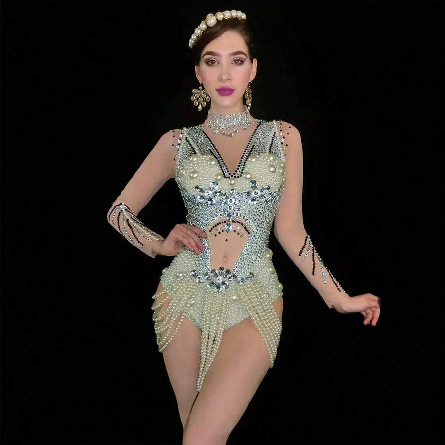 Glamorous Rhinestone For Celebrity Birthday Party & Stage Performance With Sexy Pearl Hollow Waist Outfit Evening Dresses - Ngà voi - Xem 1