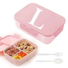 Caja de almuerzo de plástico con 3 compartimentos y patrón de 26 letras, de gran capacidad, apta para microondas, contenedor de almacenamiento de alimentos, caja bento portátil con cuchara y tenedor, adecuada para picnic, oficina, aperitivos - Rosa - Ver 11
