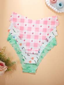 3 件女士无缝波浪边花卉印花内裤，舒适柔滑面料内衣 - 彩色 - 查看 2