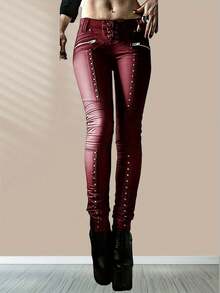 Red PU Leather Women's Skinny Pants Long With Button Pocket Zipper Details Plain Pattern Non-Stretch Fabric For Casual And Party Style - 紅色 - 查看 1
