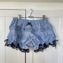 Women's Summer Ruffled Shorts With Black Lace Trim For Daily Wear With Bow Detail And Layered Design - 藍色 - 查看 3
