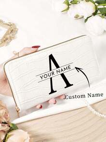 1 pieza Billetera larga personalizada con nombre y letras A-Z, Portacartas con diseño de firma personalizada, Billetera larga personalizada con nombre y letras A-Z, Portacartas personalizado con firma, Nueva billetera retro larga de mujer, Puede contener teléfono, bolsa de almacenamiento multifuncional, bolsa larga para tarjetas de mujer - Negro - Ver 8