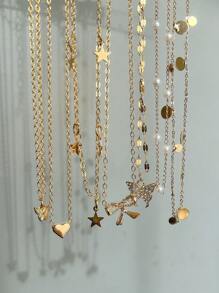 17KM 9pcs/Set Elegant Vintage Heart, Butterfly, Faux Pearl, Rhinestone, Teardrop, Star, Moon Hollow Design Multi-Layer Necklace Set, Suitable For Holiday, Party, Date, Daily Wear As Gift